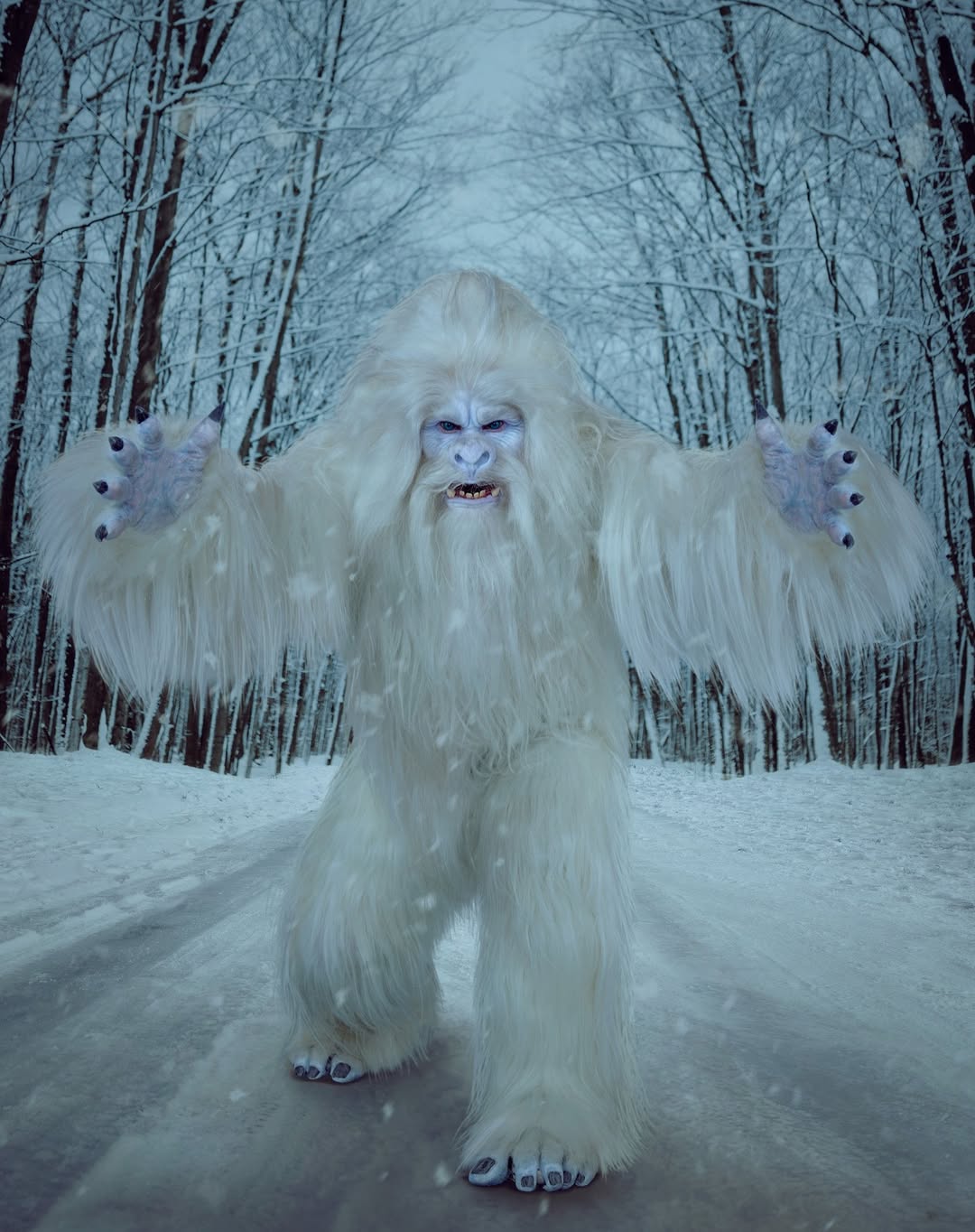 A tall, furry Yeti-like creature stands in a snowy forest landscape with trees and ground completely covered in thick snow.